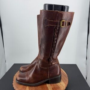 Nicole brand brown leather knee-high campus boots belted buckle braided sz 8.5